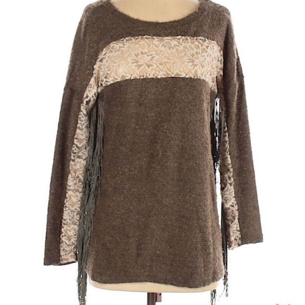 Ryu Boho Sweater Fringe Floral Lace Wool Blend Brown Western Size Small